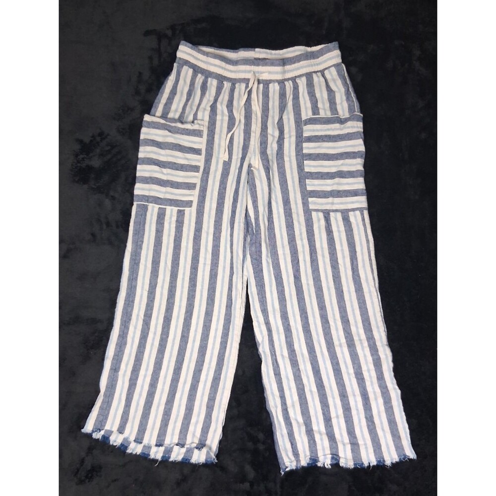 Indigo Rein Linen Blend Cropped Raw Hem Wide Leg Pants M Striped Coastal Beachy